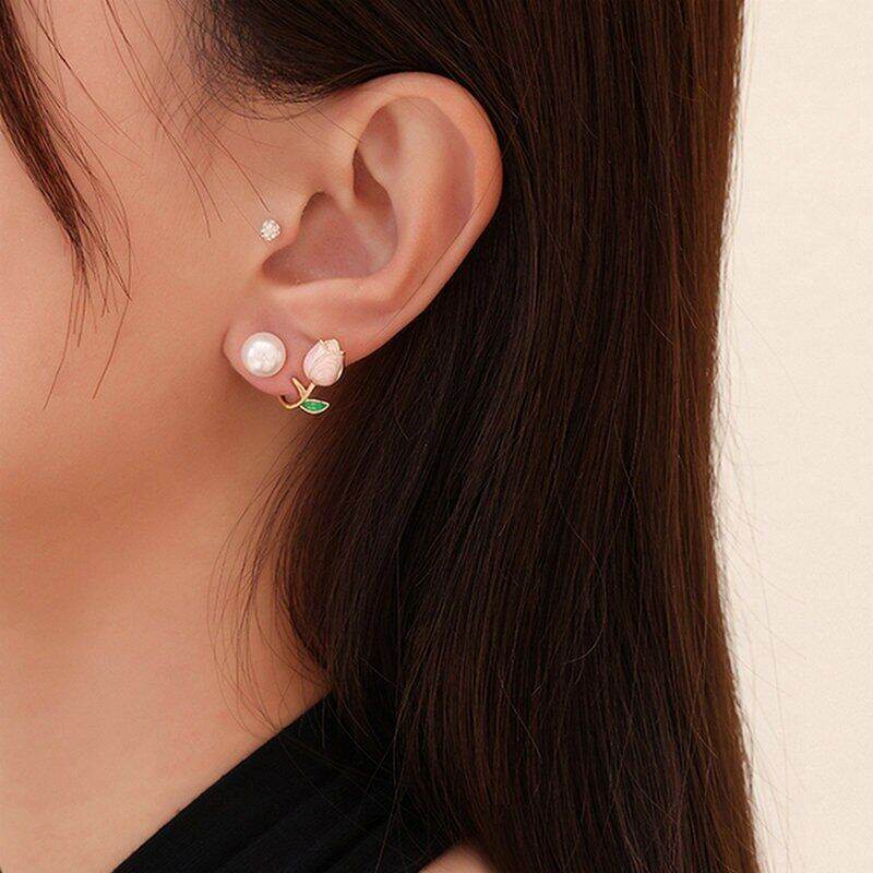 Korean Jewellery Luxury Pink Tulip Flower Pearl Earrings For Girls | Tulip Earing For Girls | S925 Needle Earings For Birthday Wedding Anniversary | For All Occasions