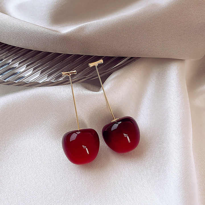 Korean Jewellery Trendy Sweet Red Cherry Earrings For Girl | Cherries Fruit S925 Needle Earings Charm Jewelry For Girls