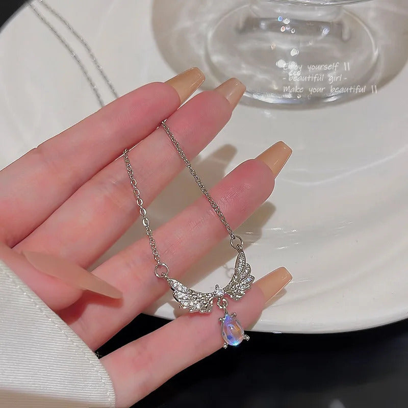 Silver Zircon Angel Wing Aesthetic Trendy Necklace For Girls Wedding Engagement Korean Jewellery Gift