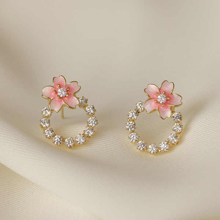 Korean Jewellery Blossom Pink Flower Zircon Stud Earrings for Girls | S925 Needle | S925 Needle Earings For Birthday Wedding Anniversary | For All Occasions