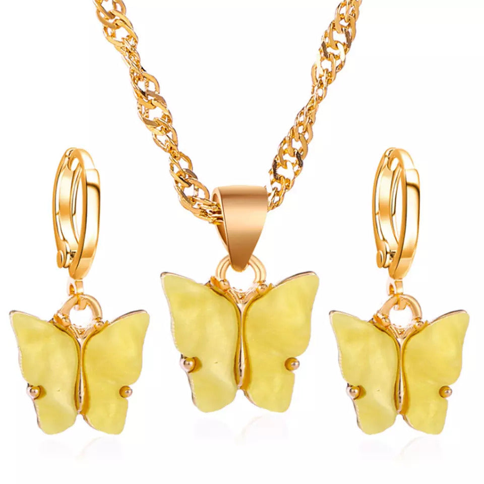 Butterfly Golden Chain Charm Necklace With Earrings For Girls - Korean Jewellery For Girls
