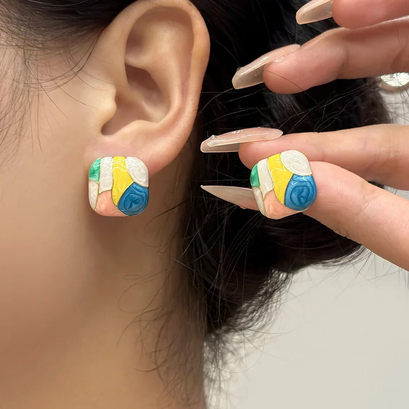 Colorful Korean Jewellery Blossom Modern Enamel Patchwork Geometric Square Stud Earrings for Girls | S925 Needle | S925 Needle Earings For Birthday Wedding Anniversary | For All Occasions