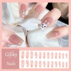 24Pcs Pink Beautiful Trendy Rabbit Design Fake Nails (With Glue) Set For Girls - Wearable Nails Stylish Pattern Artificial Long Nails For Women