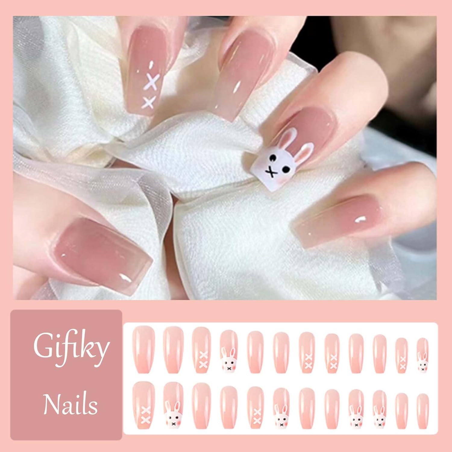 24Pcs Pink Beautiful Trendy Rabbit Design Fake Nails (With Glue) Set For Girls - Wearable Nails Stylish Pattern Artificial Long Nails For Women