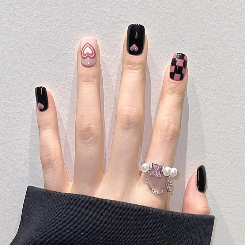 24Pcs Black | Pink & White Beautiful HeartTrendy Fake Nails (With Glue) Set For Girls - Wearable Nails Stylish Pattern Artificial Nails For Women