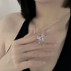 ● Korean Jewellery Pink Zircon Bow Necklace for Girls Sweet Fairy Clavicle Chain Shiny Zircon Korean Jewellery Necklace