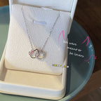 Silver Beautiful Hello Kitty Double Pendant Necklace Clavicle Chain Korean Style For Girls Korean Jewellery Gift