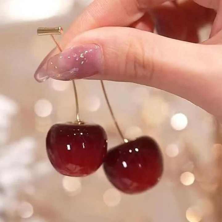 Korean Jewellery Trendy Sweet Red Cherry Earrings For Girl | Cherries Fruit S925 Needle Earings Charm Jewelry For Girls