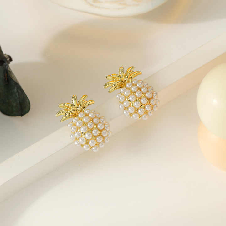 Korean Jewellery Fruit Pineapple Pearl Gold mini Cute Creative Stud Earrings For Girls | S925 Needle