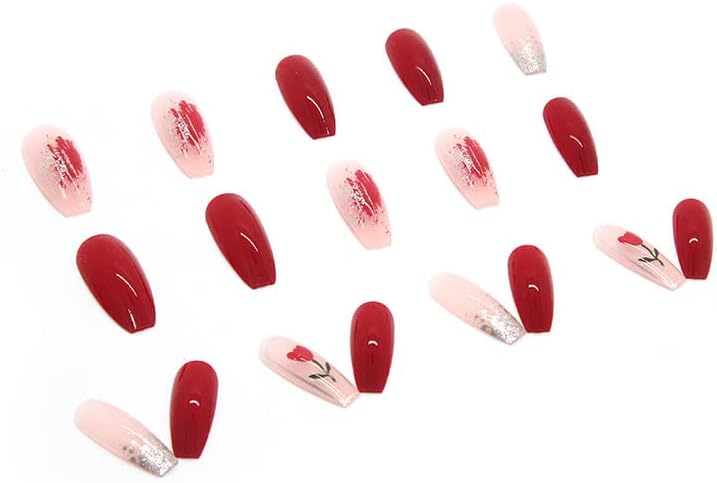 24Pcs Red & Pink Shade Beautiful Flower Design Trendy Fake Nails (With Glue) Set For Girls - Wearable Nails Stylish Pattern Artificial Long Nails For Women