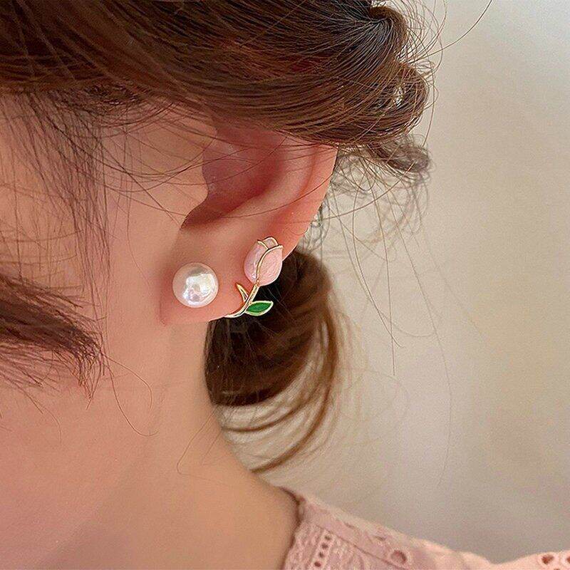 Korean Jewellery Luxury Pink Tulip Flower Pearl Earrings For Girls | Tulip Earing For Girls | S925 Needle Earings For Birthday Wedding Anniversary | For All Occasions