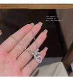 Korean Jewellery Pink Zircon Bow & Heart Necklace for Girls Sweet Fairy Clavicle Chain Shiny Zircon Korean Jewellery Necklace - Aesthetic Bowknot Love Zircon Pendant Women Necklaces