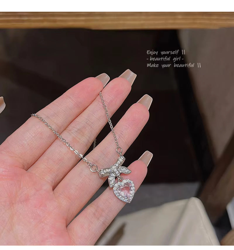 Korean Jewellery Pink Zircon Bow & Heart Necklace for Girls Sweet Fairy Clavicle Chain Shiny Zircon Korean Jewellery Necklace - Aesthetic Bowknot Love Zircon Pendant Women Necklaces