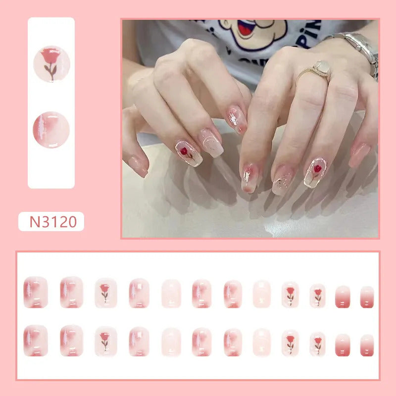 24Pcs White & Pink Shade Beautiful Flower Design Trendy Fake Nails (With Glue) Set For Girls - Wearable Nails Stylish Pattern Artificial Long Nails For Women