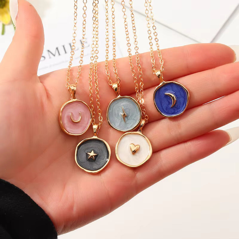 Gold Chain Korean Jewellery Stars Moon Heart Round Enamel Necklace Jewellery For Girls