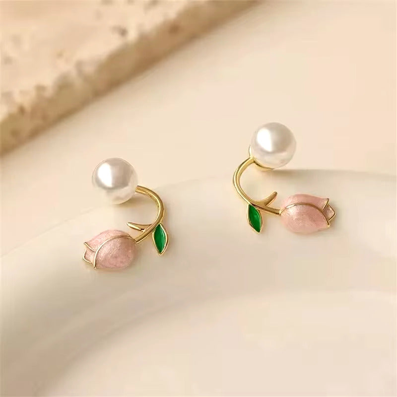 Korean Jewellery Luxury Pink Tulip Flower Pearl Earrings For Girls | Tulip Earing For Girls | S925 Needle Earings For Birthday Wedding Anniversary | For All Occasions
