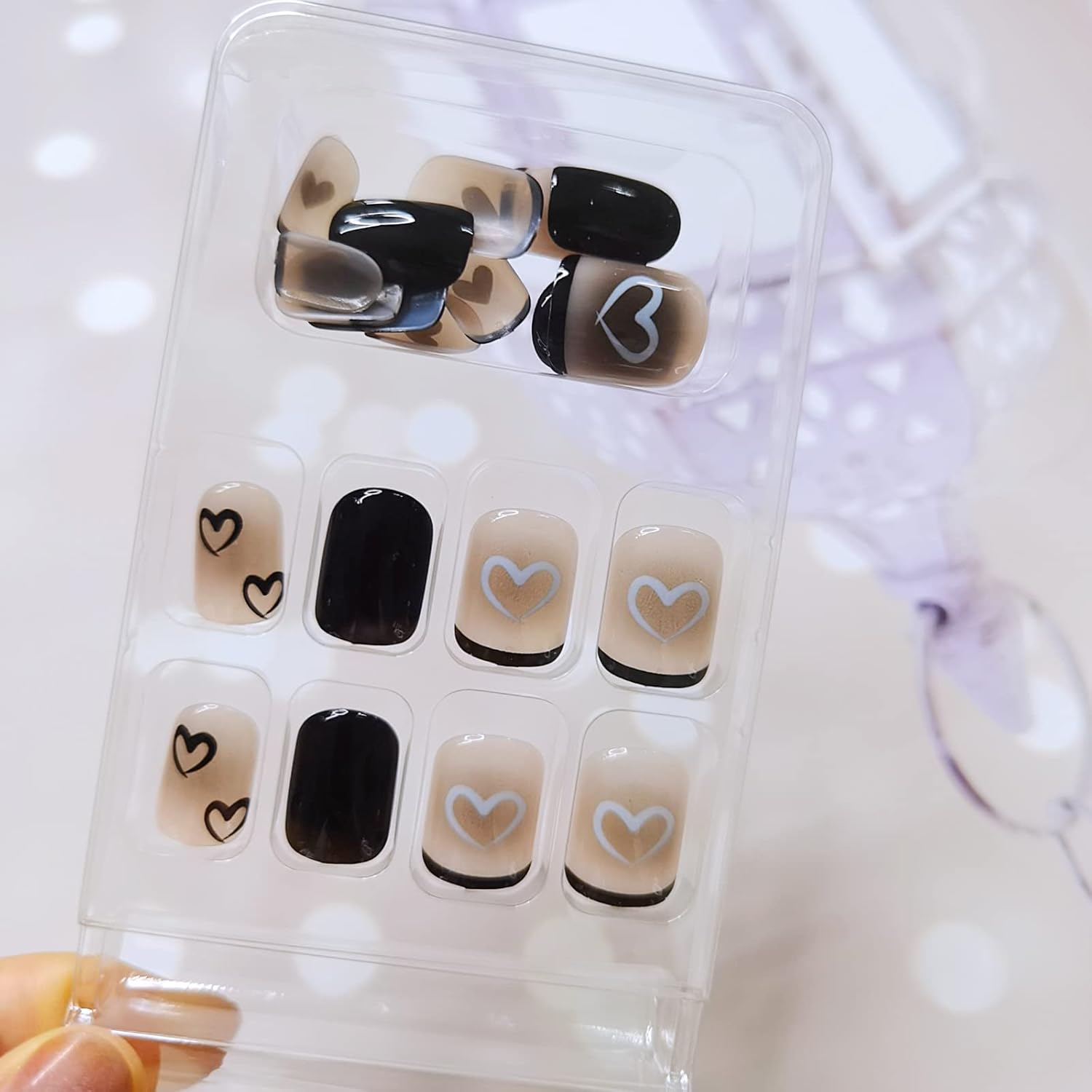 24Pcs Black & MultiColor Beautiful Heart Trendy Fake Nails (With Glue) Set For Girls - Wearable Nails Stylish Pattern Artificial Nails For Women