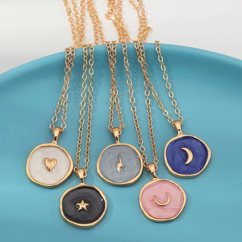 Gold Chain Korean Jewellery Stars Moon Heart Round Enamel Necklace Jewellery For Girls
