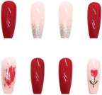 24Pcs Red & Pink Shade Beautiful Flower Design Trendy Fake Nails (With Glue) Set For Girls - Wearable Nails Stylish Pattern Artificial Long Nails For Women