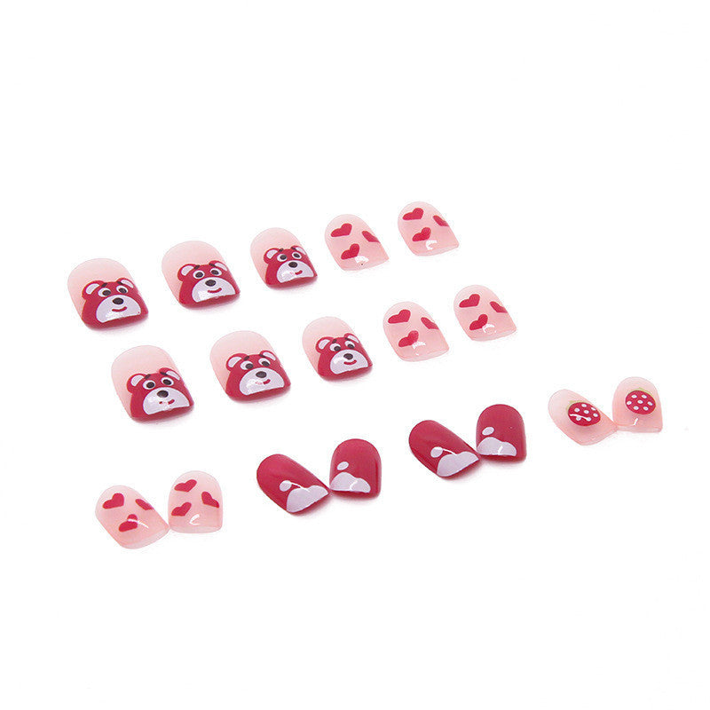 24Pcs Pink Beautiful Heart & Teddy Trendy Design Fake Nails (With Glue) Set For Girls - Wearable Nails Stylish Pattern Artificial Nails For Women