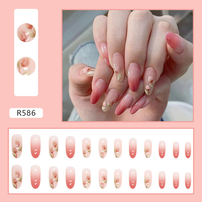 24Pcs Pink Beautiful Flower Trendy Fake Nails (With Glue) Set For Girls - Wearable Nails Stylish Pattern Long Artificial Nails For Women
