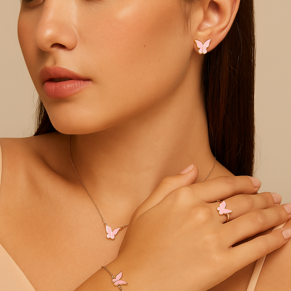 4Pcs Gold & Pink Butterfly Necklace Earrings Bracelet Ring Jewelry Set For Girls Fashion Party Jewelry Daily Wear Butterfly Jewelry Set