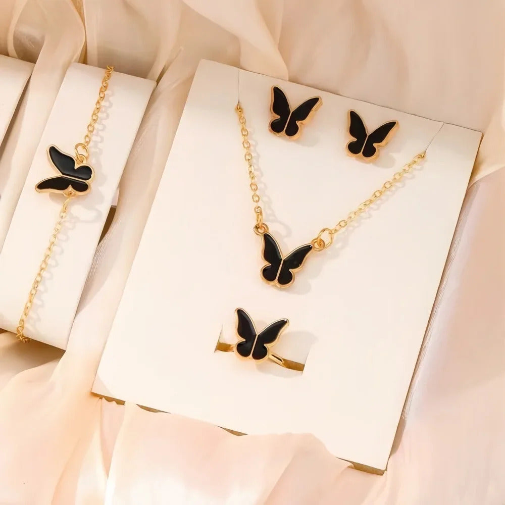 4Pcs Gold & Black Butterfly Necklace Earrings Bracelet Ring Jewelry Set For Girls Fashion Party Jewelry Daily Wear Butterfly Jewelry Set