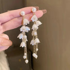 Korean Jewellery White Dreamy Flower Golden Long Chain New Style Women Sweet Temperament Jewelry Tassel Earrings For Girls | S925 Needle Earring