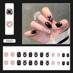 24Pcs Black | Pink & White Beautiful HeartTrendy Fake Nails (With Glue) Set For Girls - Wearable Nails Stylish Pattern Artificial Nails For Women