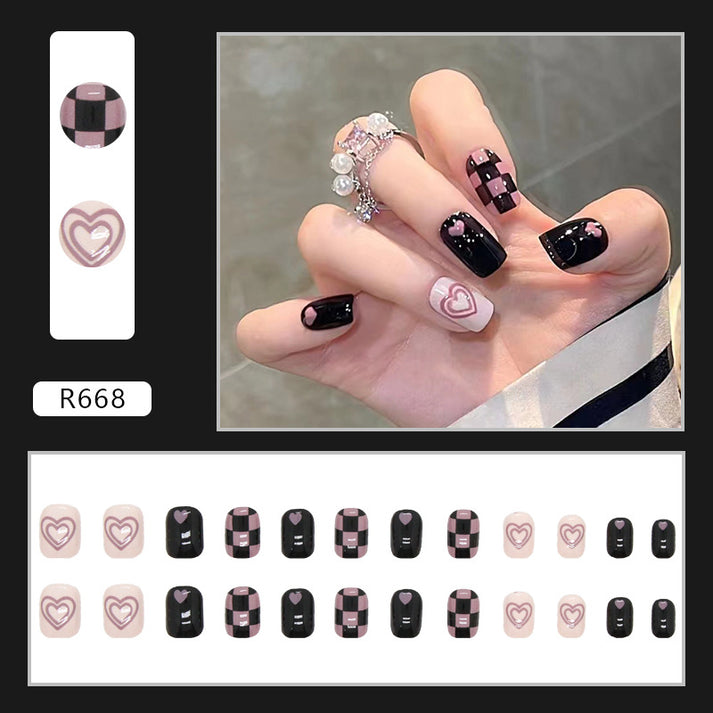 24Pcs Black | Pink & White Beautiful HeartTrendy Fake Nails (With Glue) Set For Girls - Wearable Nails Stylish Pattern Artificial Nails For Women