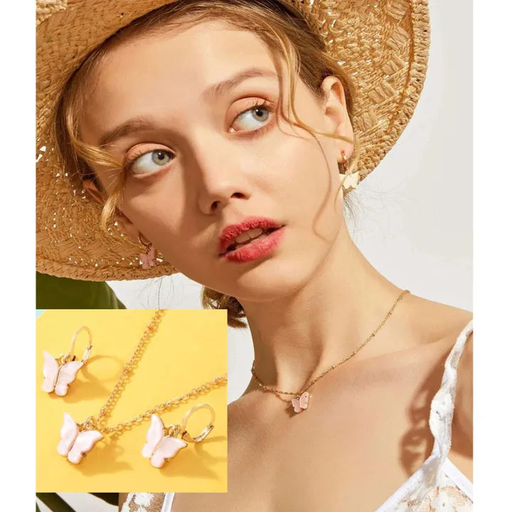 Pink Butterfly Golden Chain Charm Necklace With Earrings For Girls - Korean Jewelry Set