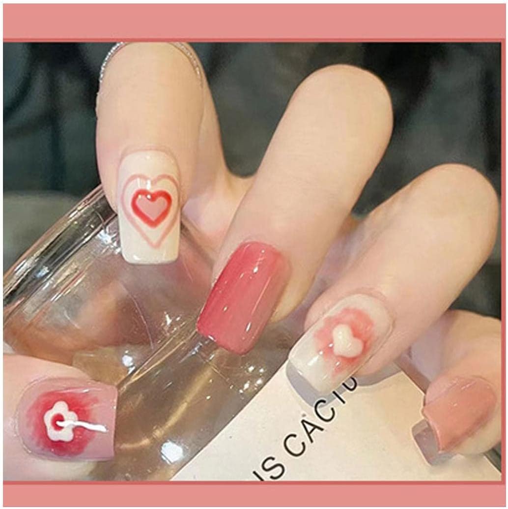24Pcs Pink Beautiful Trendy Heart Design Fake Nails (With Glue) Set For Girls - Wearable Nails Stylish Pattern Artificial Long Nails For Women