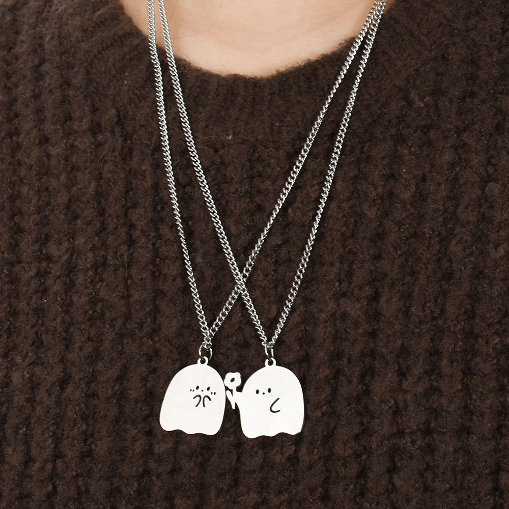 Pack Of 2 Stainless Steel Cute Cartoon Ghost Friendship Couple Pendant Necklace For Boy & Girls Korean Jewellery