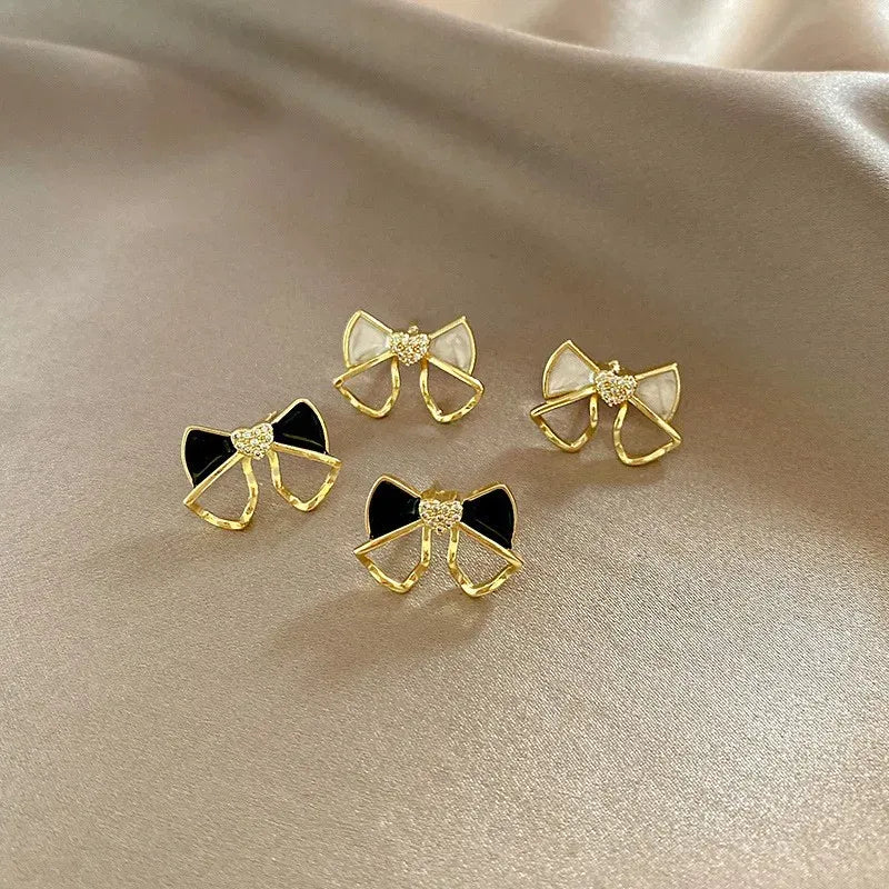 2026 Best Selling Women White & Black Bow & Heart Golden 925 Needle Earrings Korean Fashion Earring Products Cute Jewelry for Girls