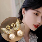 Korean Jewellery Crystal Zircon Rhinestone Pearl Swan Duck Earrings For Girls | S925 Needle Earing For All Occasions