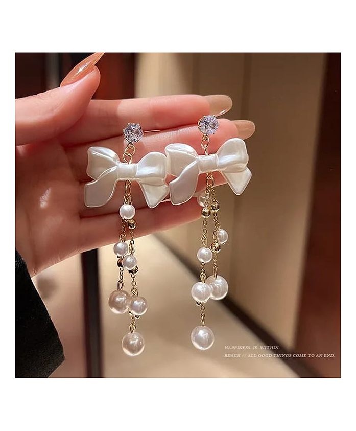 Korean Jewellery White Bow Golden Long Chain New Style Women Sweet Temperament Jewelry Tassel Earrings For Girls | S925 Needle Earring