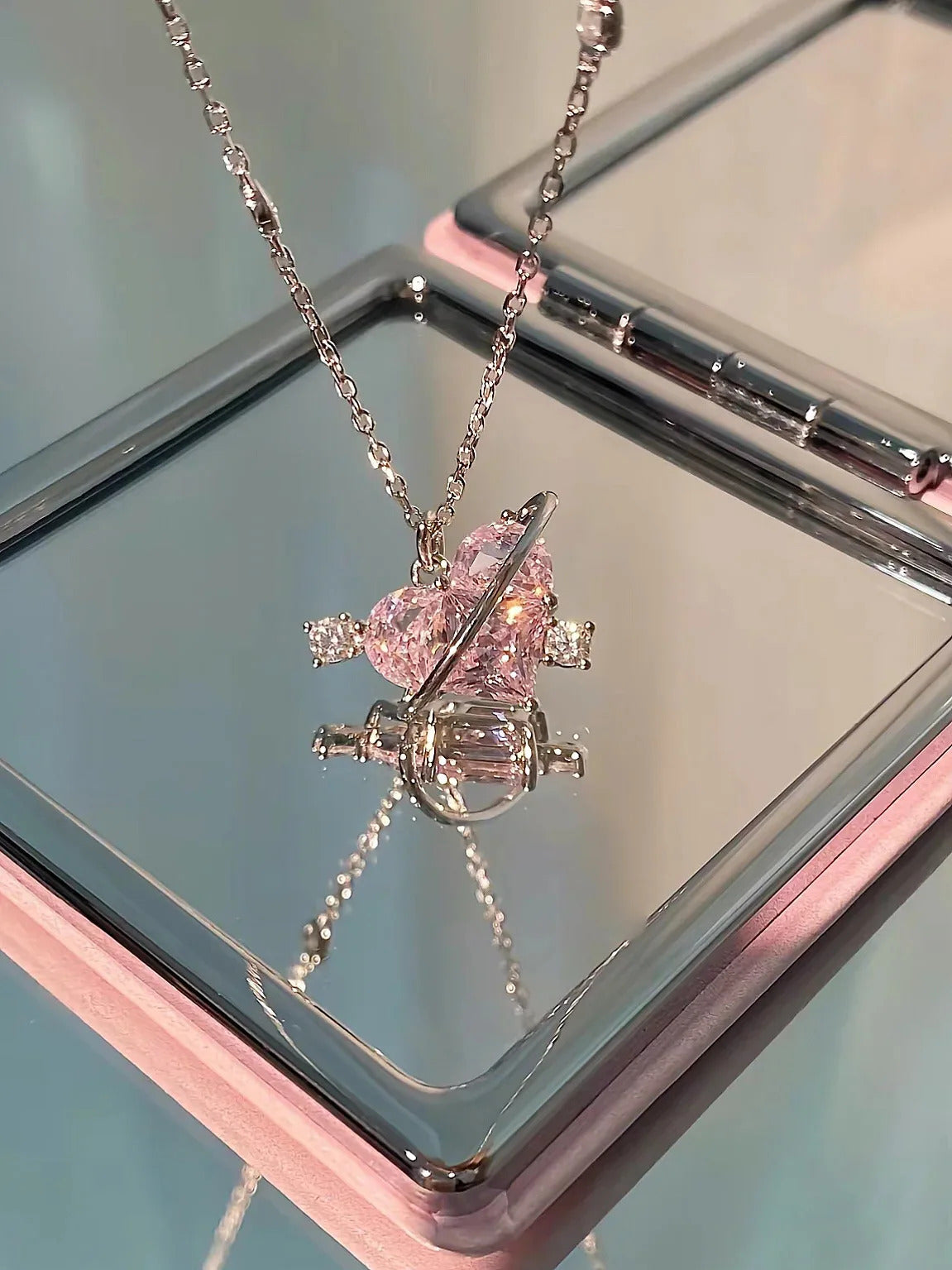 Korean Jewellery Silver Chain With Crystal Zirconia Pendant Aesthetic Jewellery For Girls