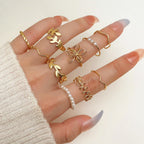 10PCS Korean Jewellery Wave Flower Gold Ring Set Designs for Girls | Finger Rings Party Jewelry Gifts