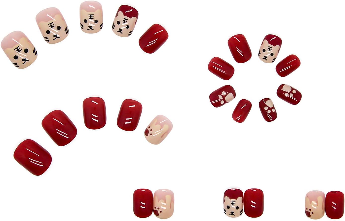 24Pcs Multicolor Beautiful Kitty Trendy Fake Nails (With Glue) Set For Girls - Wearable Nails Stylish Pattern Artificial Nails For Women