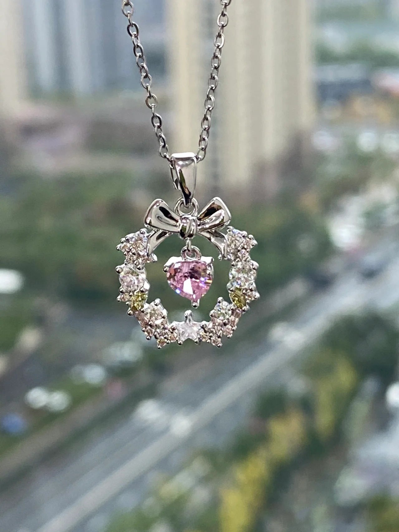 Korean Jewellery Pink Zircon Bow & Heart Necklace for Girls Sweet Fairy Clavicle Chain Shiny Zircon Korean Jewellery Necklace - Aesthetic Bowknot Love Zircon Pendant Women Necklaces