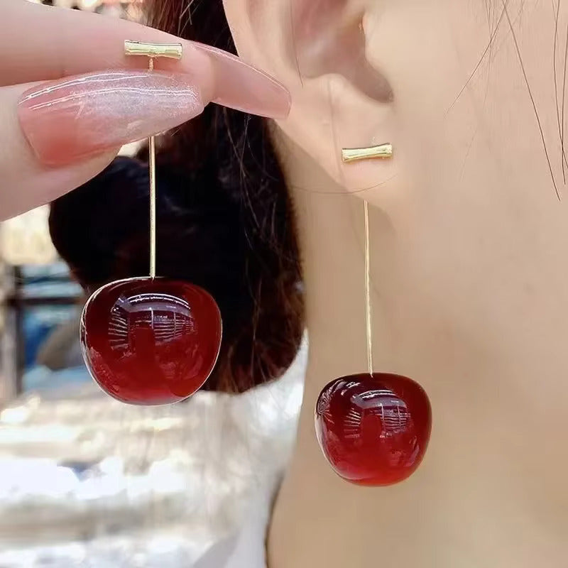 Korean Jewellery Trendy Sweet Red Cherry Earrings For Girl | Cherries Fruit S925 Needle Earings Charm Jewelry For Girls