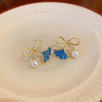 Korean Jewellery Shinny Golden & Blue Bow New Style Women Sweet Temperament Jewelry Earrings For Girls | S925 Needle Earring