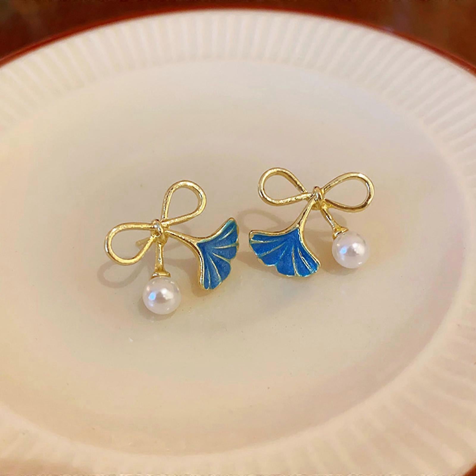 Korean Jewellery Shinny Golden & Blue Bow New Style Women Sweet Temperament Jewelry Earrings For Girls | S925 Needle Earring