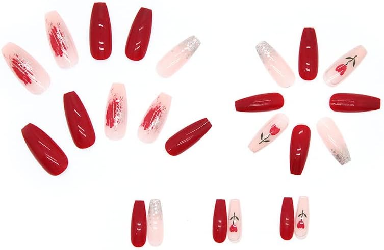 24Pcs Red & Pink Shade Beautiful Flower Design Trendy Fake Nails (With Glue) Set For Girls - Wearable Nails Stylish Pattern Artificial Long Nails For Women