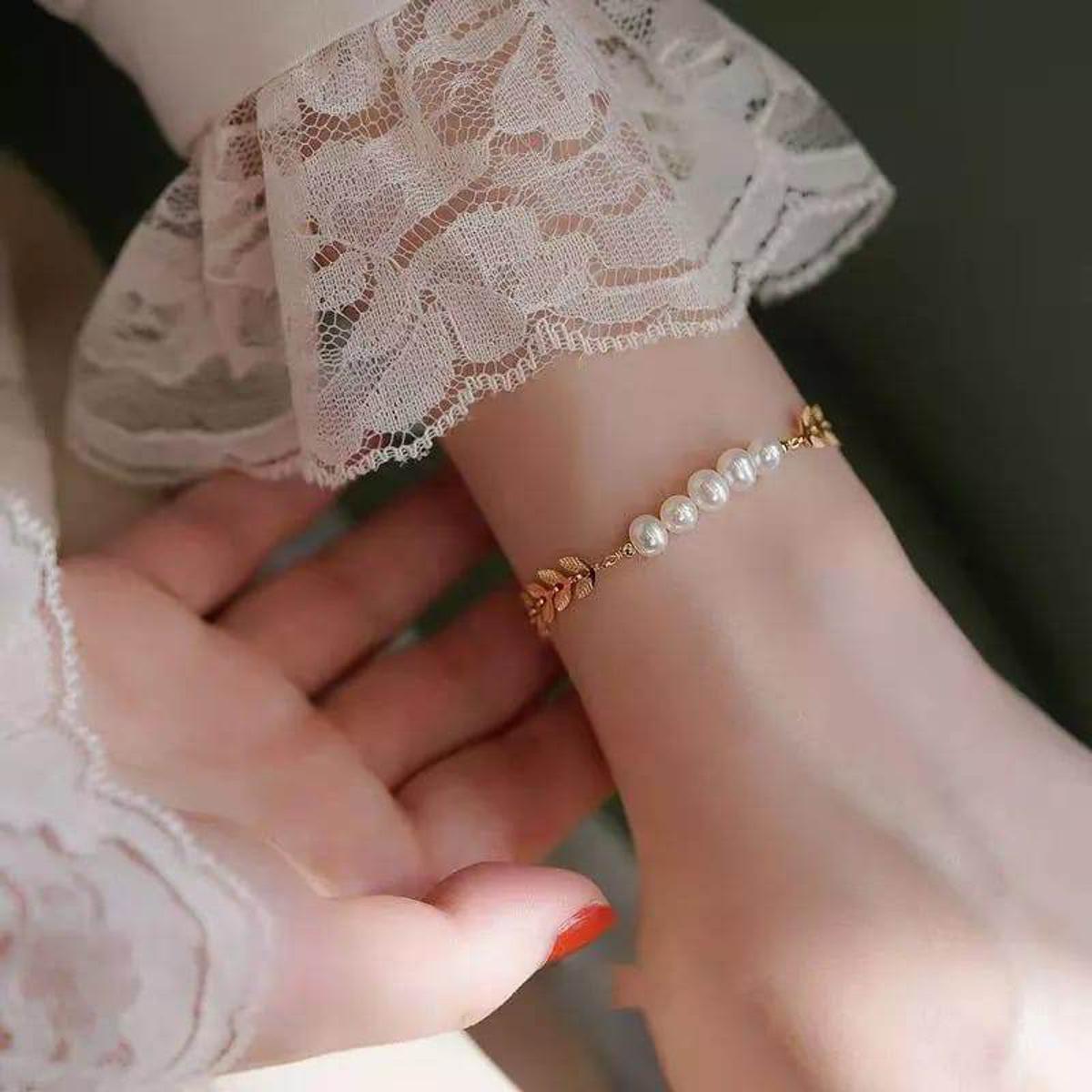 Korean Jewellery Leaf Pearl Gold Bracelets For Girls - Excellent Quality - Golden Leaf Pearl Bracelet for Women - Jewellery For Girls