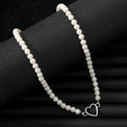 Pearl Silver Heart Necklace Jewellery For Girls- Aesthetic Pearl Bead Choker, Pearl Choker Necklace, Decor Silver Heart Pearl Necklace - Korean Jewellery For Girls
