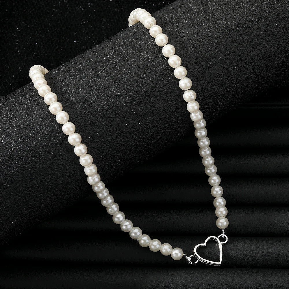 Pearl Silver Heart Necklace Jewellery For Girls- Aesthetic Pearl Bead Choker, Pearl Choker Necklace, Decor Silver Heart Pearl Necklace - Korean Jewellery For Girls