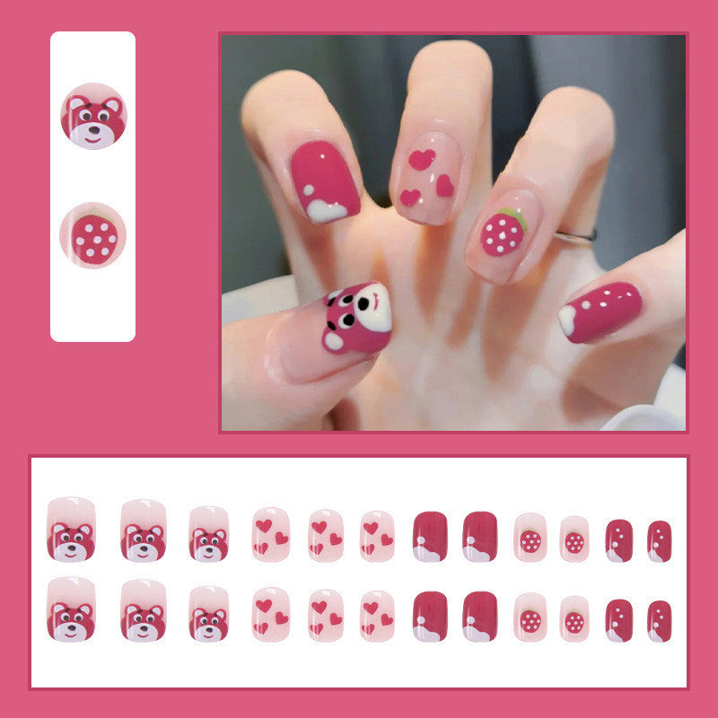 24Pcs Pink Beautiful Heart & Teddy Trendy Design Fake Nails (With Glue) Set For Girls - Wearable Nails Stylish Pattern Artificial Nails For Women
