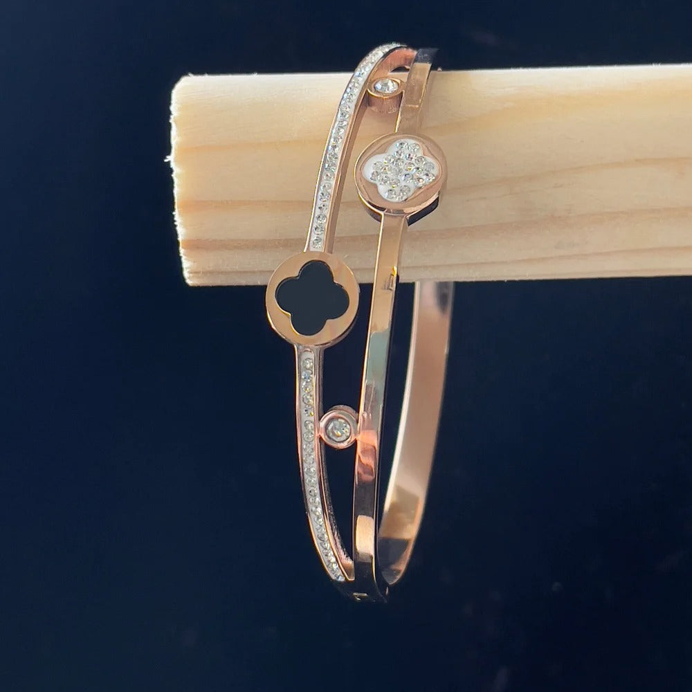 Luxury 18kK Gold Plated Branded Stainless Steel Jewellery Black & White Clover Zirconia Bangles Kara Bracelet For Girls | Never Fade Luxury Stainless Steel Adjustable HandCuff For Women