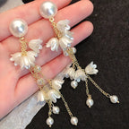 Korean Jewellery White Dreamy Flower Golden Long Chain New Style Women Sweet Temperament Jewelry Tassel Earrings For Girls | S925 Needle Earring